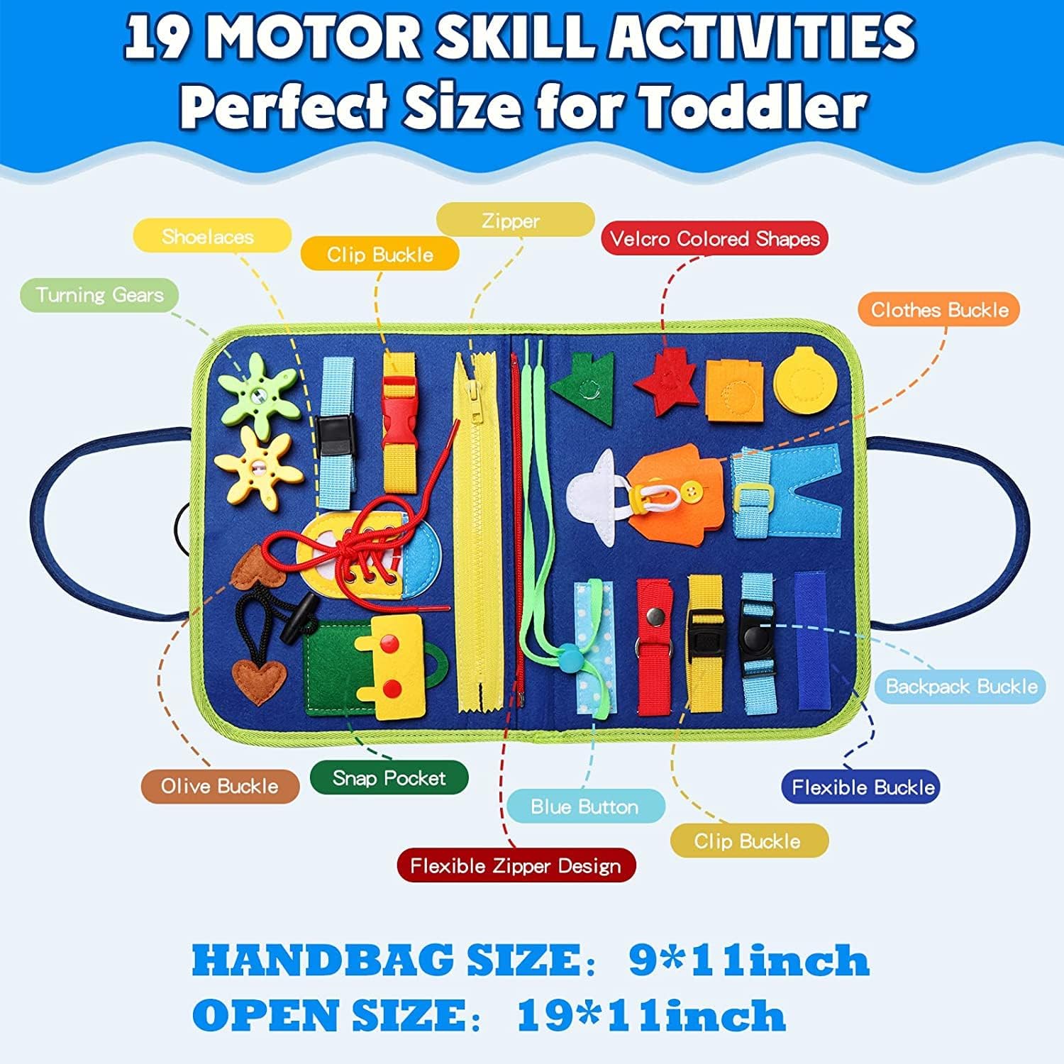 Busy Board Montessori Toy for 1 2 3 4 Years Old, Educational Activity Sensory Board Preschool Learning Fine Motor Skills Toys, Toddler Travel Toy for Plane Car
