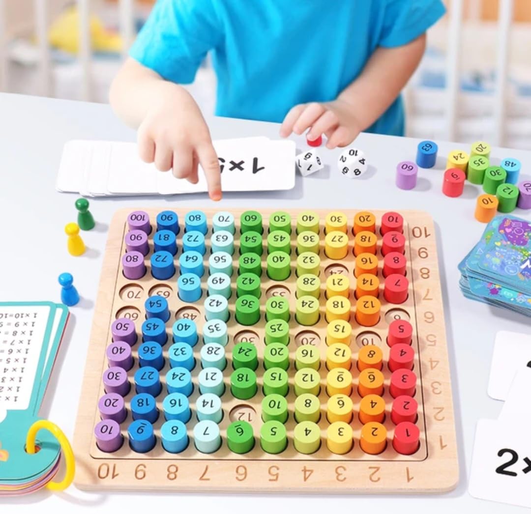 Wooden Multiplication Board Game for Kids – Math Learning Toy with Flash Cards