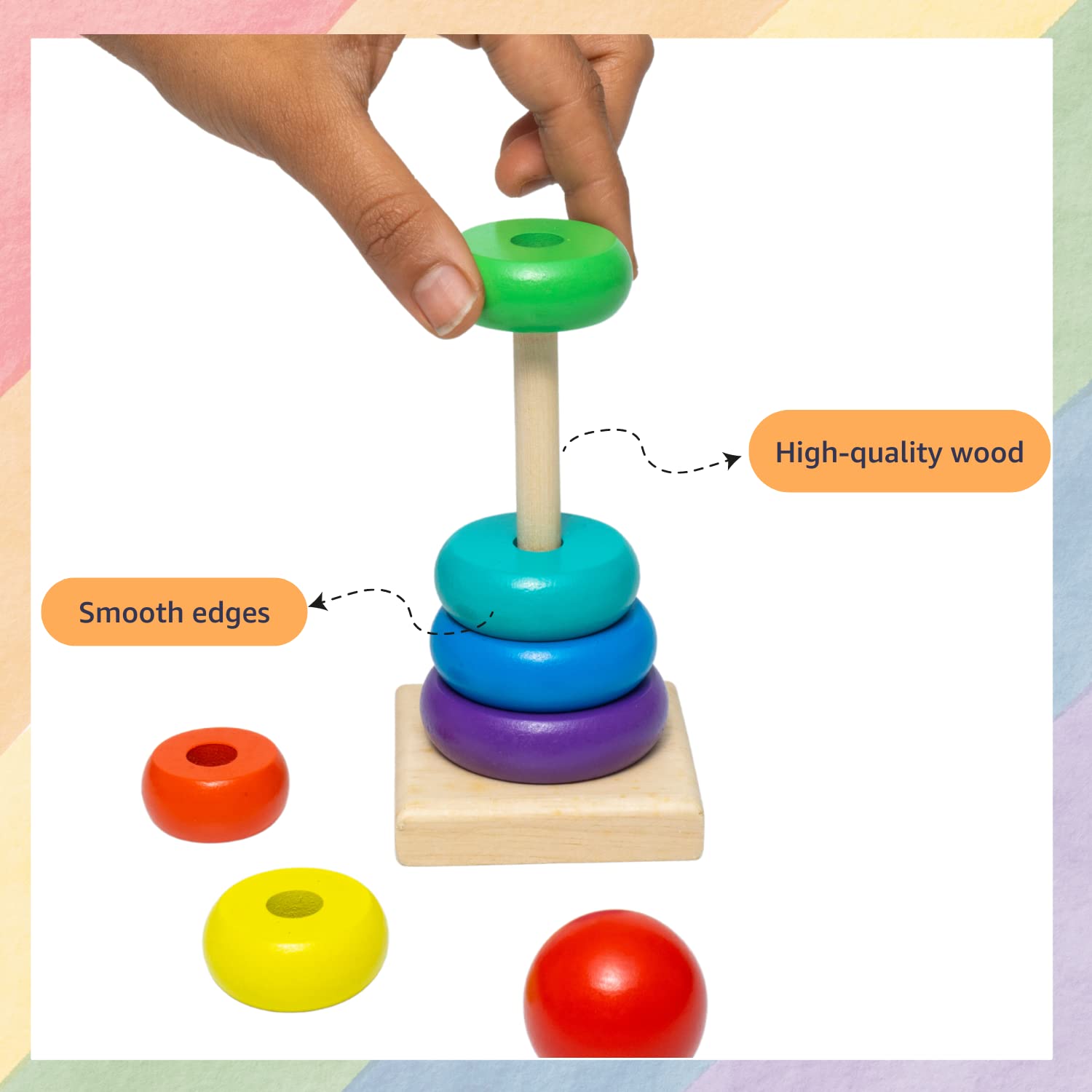 Rainbow Wooden Stacking Tower - Early Learning Toy for Color, Size & Motor Skills