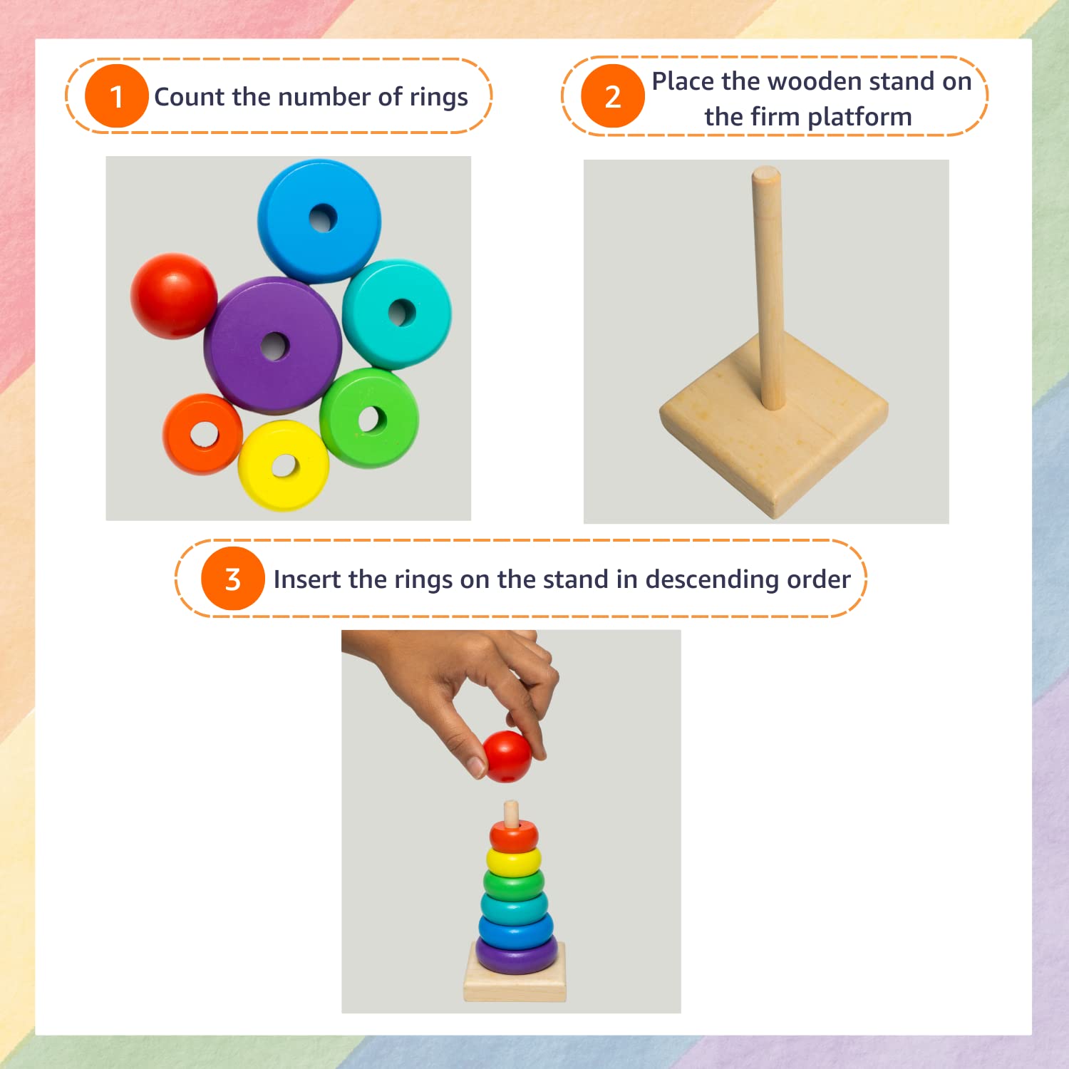 Rainbow Wooden Stacking Tower - Early Learning Toy for Color, Size & Motor Skills
