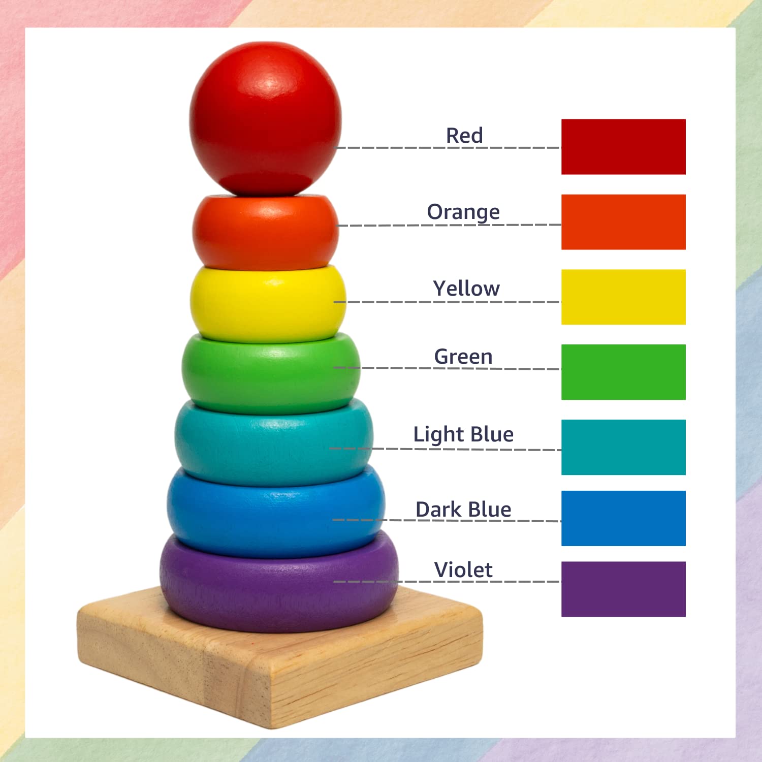 Rainbow Wooden Stacking Tower - Early Learning Toy for Color, Size & Motor Skills