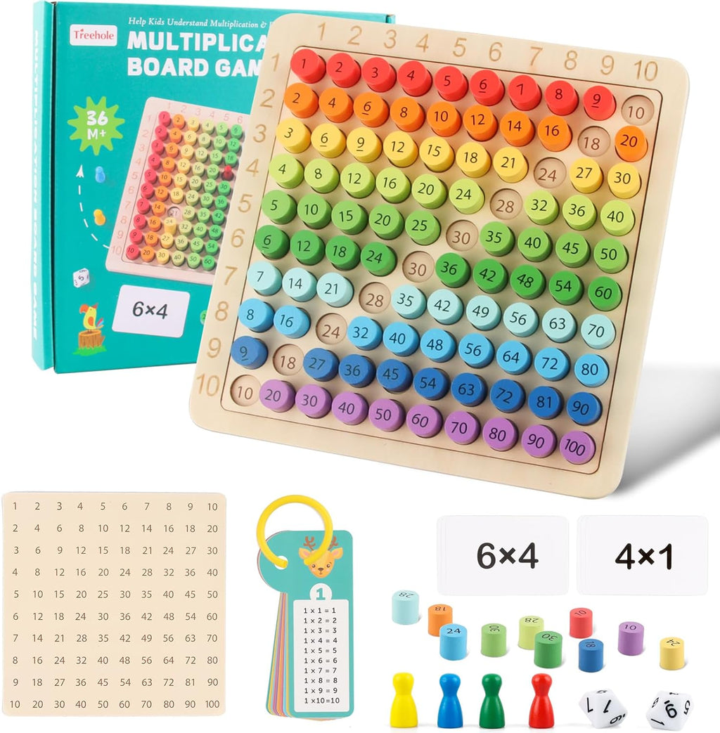 Wooden Multiplication Board Game for Kids – Math Learning Toy with Flash Cards