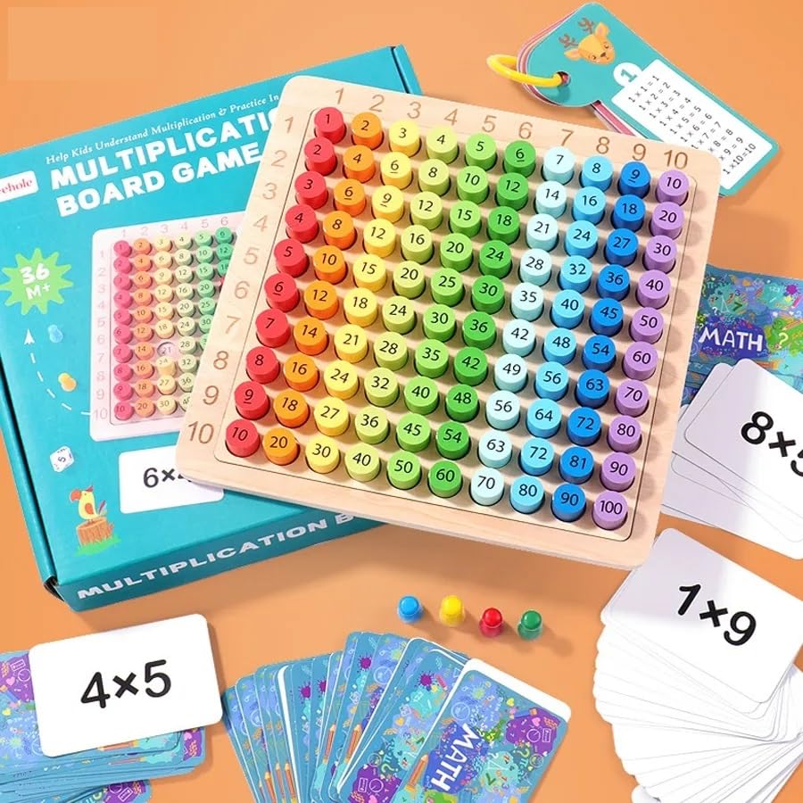 Wooden Multiplication Board Game for Kids – Math Learning Toy with Flash Cards
