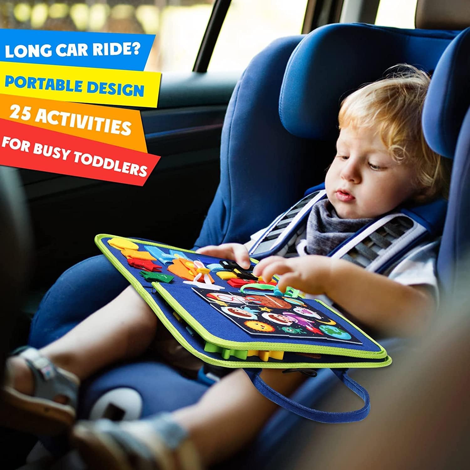Busy Board Montessori Toy for 1 2 3 4 Years Old, Educational Activity Sensory Board Preschool Learning Fine Motor Skills Toys, Toddler Travel Toy for Plane Car