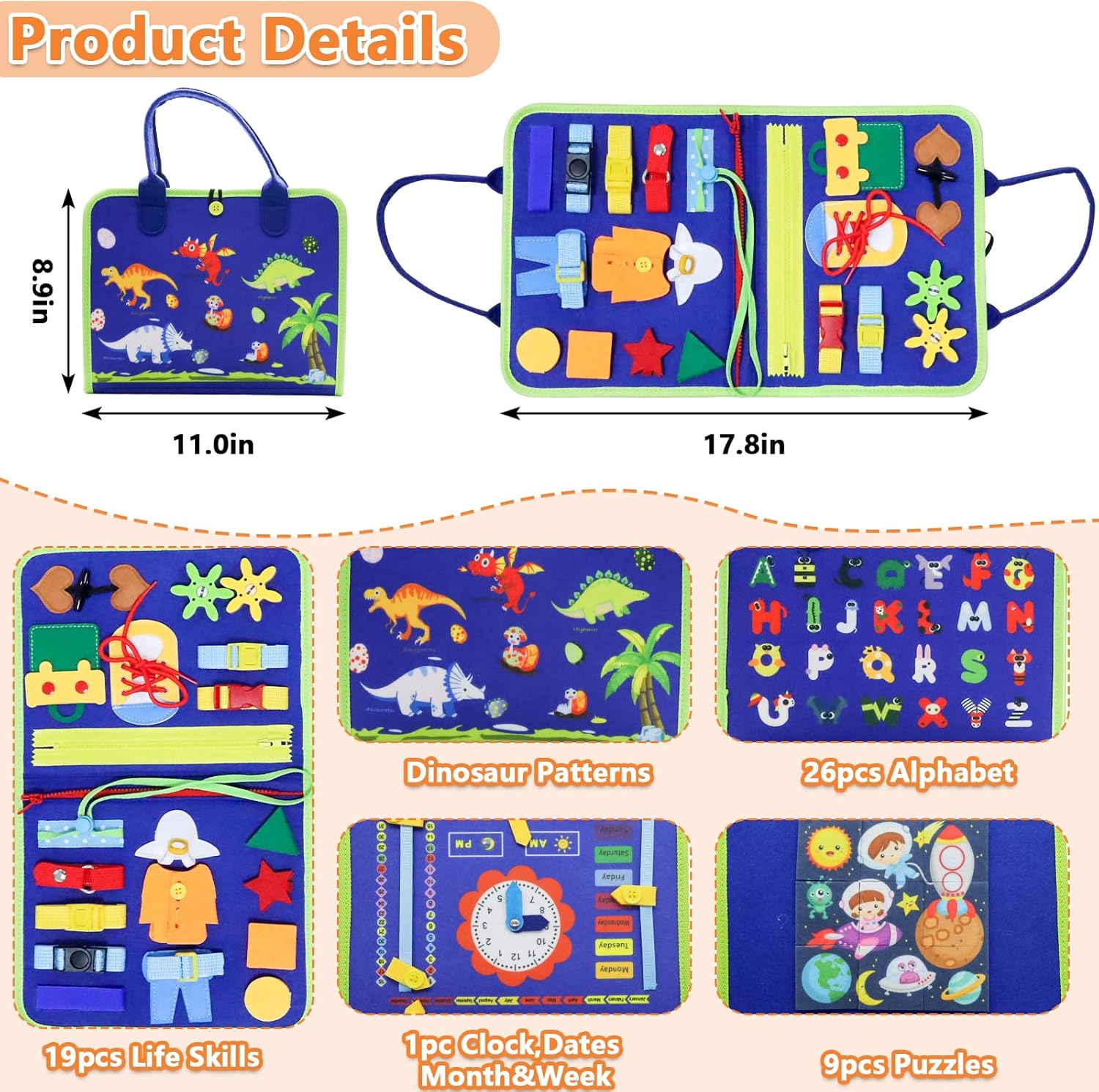 Busy Board Montessori Toy for 1 2 3 4 Years Old, Educational Activity Sensory Board Preschool Learning Fine Motor Skills Toys, Toddler Travel Toy for Plane Car