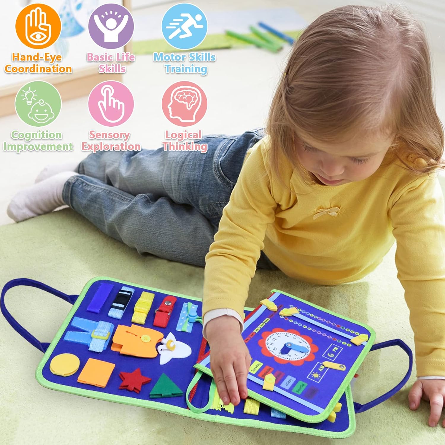 Busy Board Montessori Toy for 1 2 3 4 Years Old, Educational Activity Sensory Board Preschool Learning Fine Motor Skills Toys, Toddler Travel Toy for Plane Car