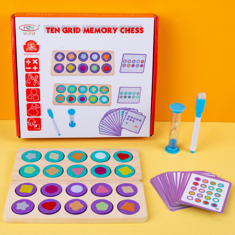 Ten Grid Memory Chess, Kids Educational Game, Montessori Toy, Wooden, Shapes Wooden Montessori Toys Kids Counting Math Learning Board Logical Thinking Children Early Educational Toys